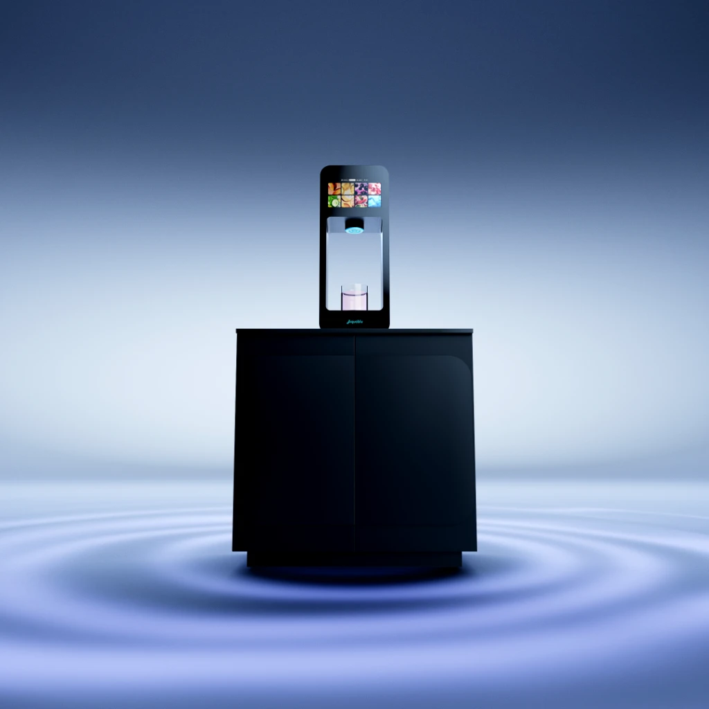 a wide shot of the Aquablu series2 refill plus water dispenser on a black cabinet with a blue water effect surrounding it